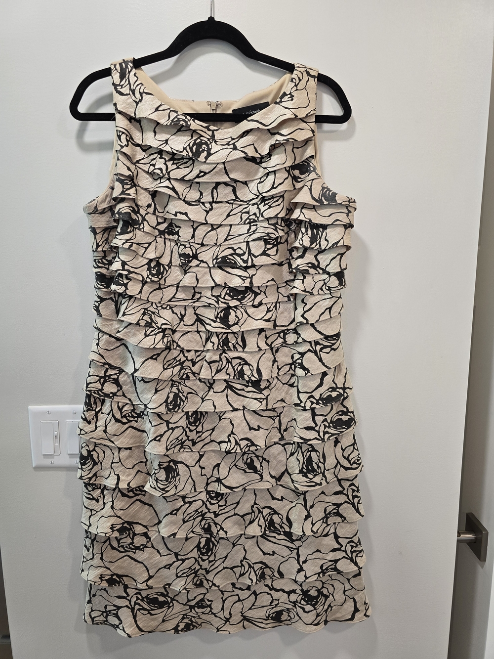 R&M Richards Beige Dress with Black Floral Ruffle Tiers